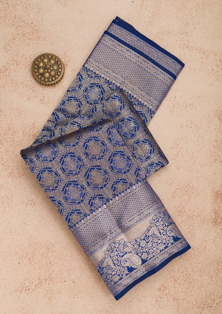 Royal Blue Pure Silk Jaal Zariwork Saree With Matching Blouse Piece