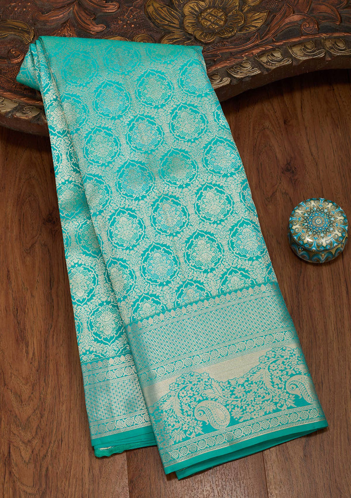 Turquoise Blue Pure Silk Jaal Zariwork Saree With Matching Blouse Piece