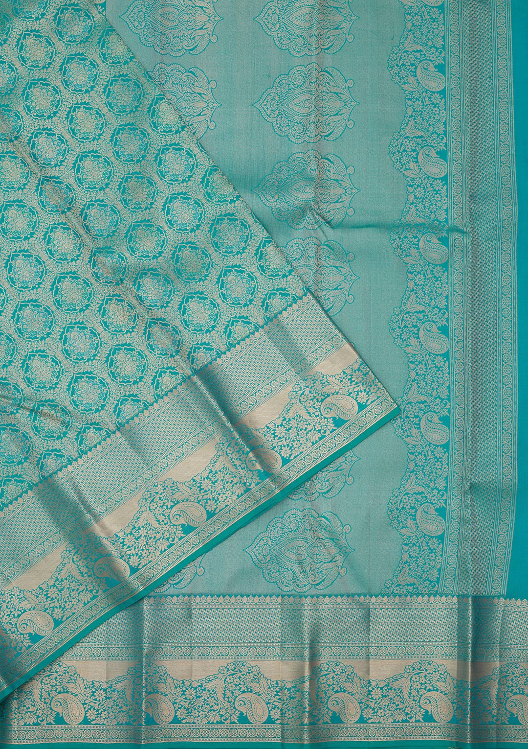 Turquoise Blue Pure Silk Jaal Zariwork Saree With Matching Blouse Piece
