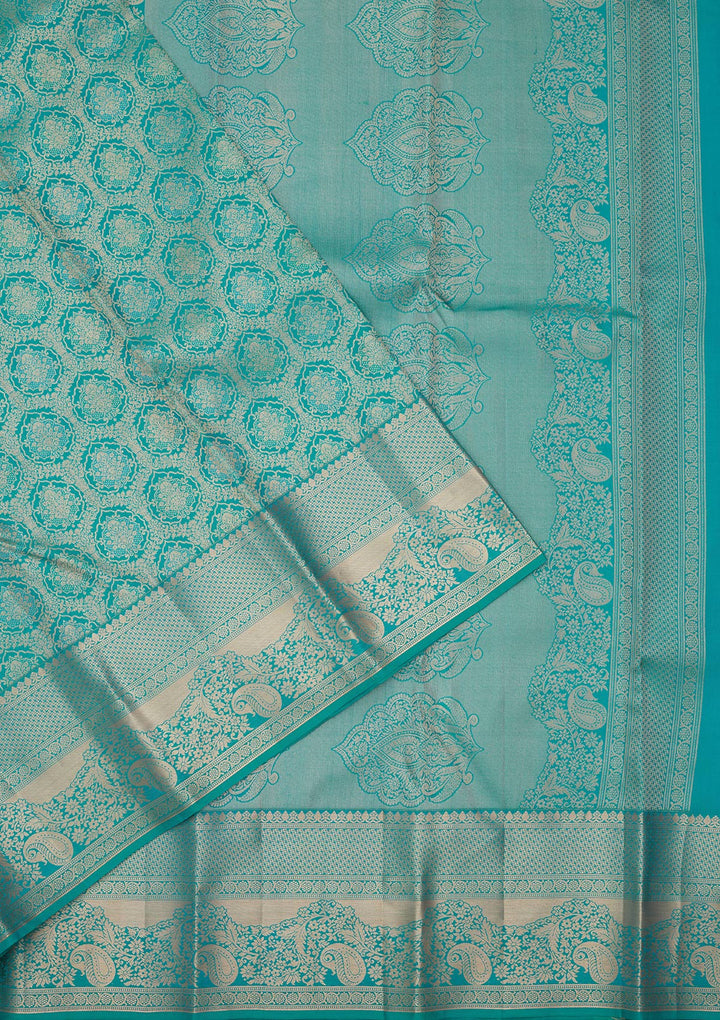 Turquoise Blue Pure Silk Jaal Zariwork Saree With Matching Blouse Piece