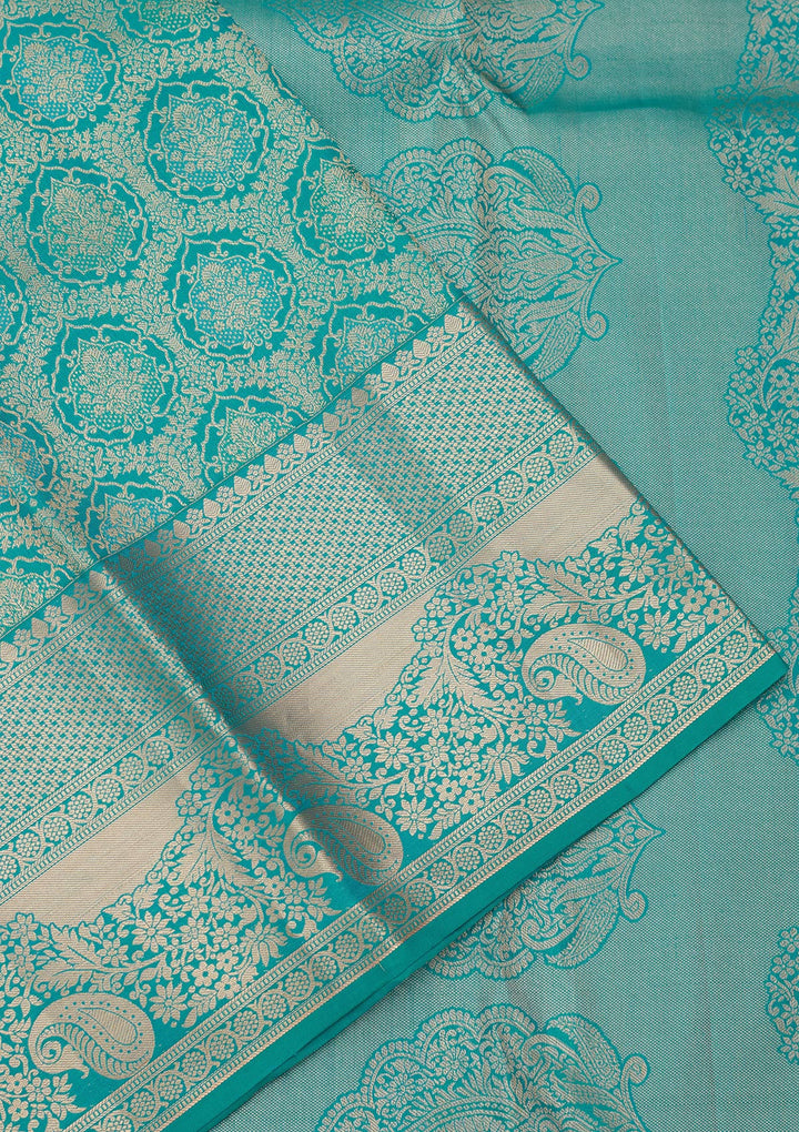 Turquoise Blue Pure Silk Jaal Zariwork Saree With Matching Blouse Piece
