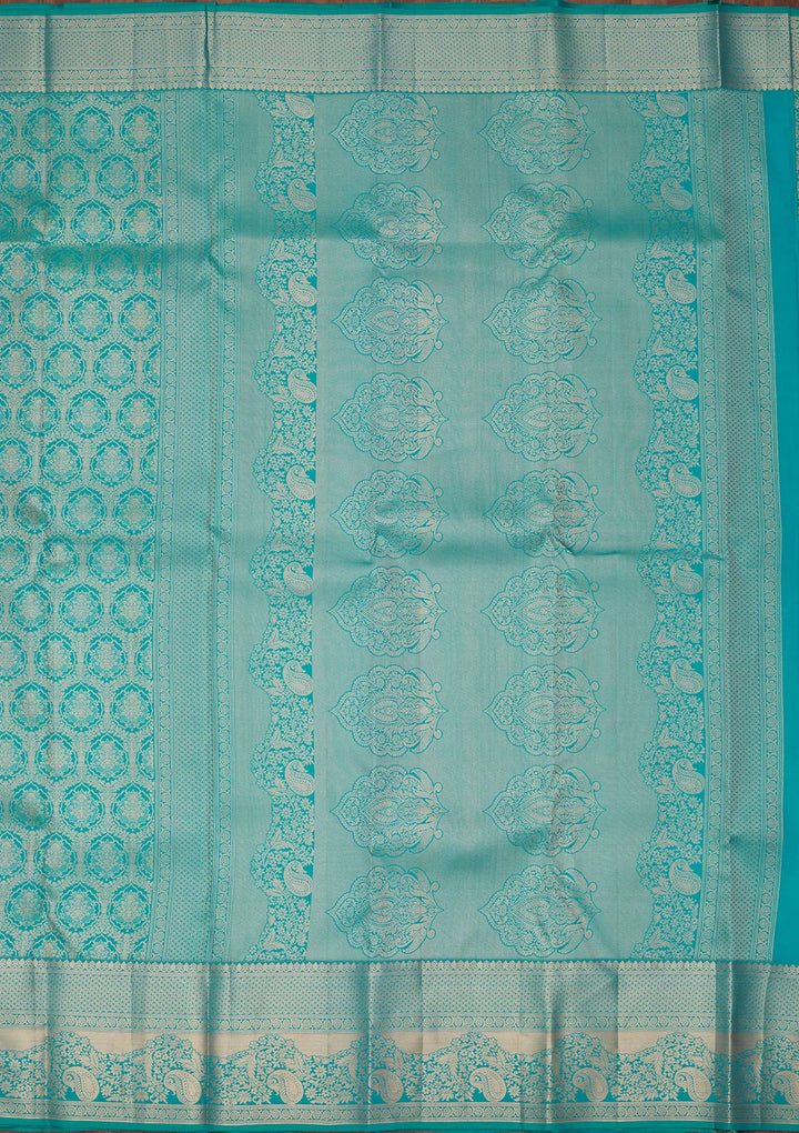Turquoise Blue Pure Silk Jaal Zariwork Saree With Matching Blouse Piece