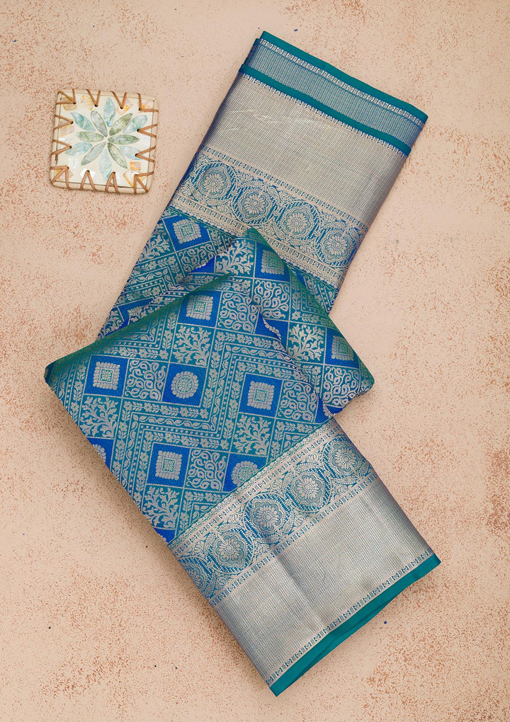 Peacock Blue Silk Jaal Gold Zariwork Saree With Matching Blouse Piece