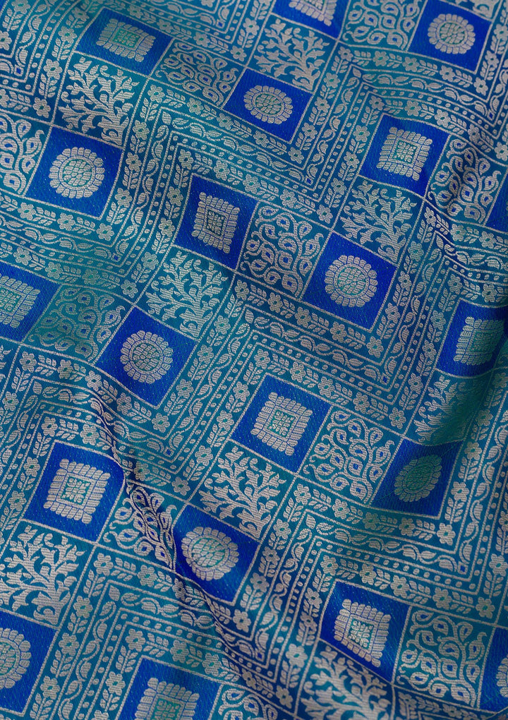 Peacock Blue Silk Jaal Gold Zariwork Saree With Matching Blouse Piece