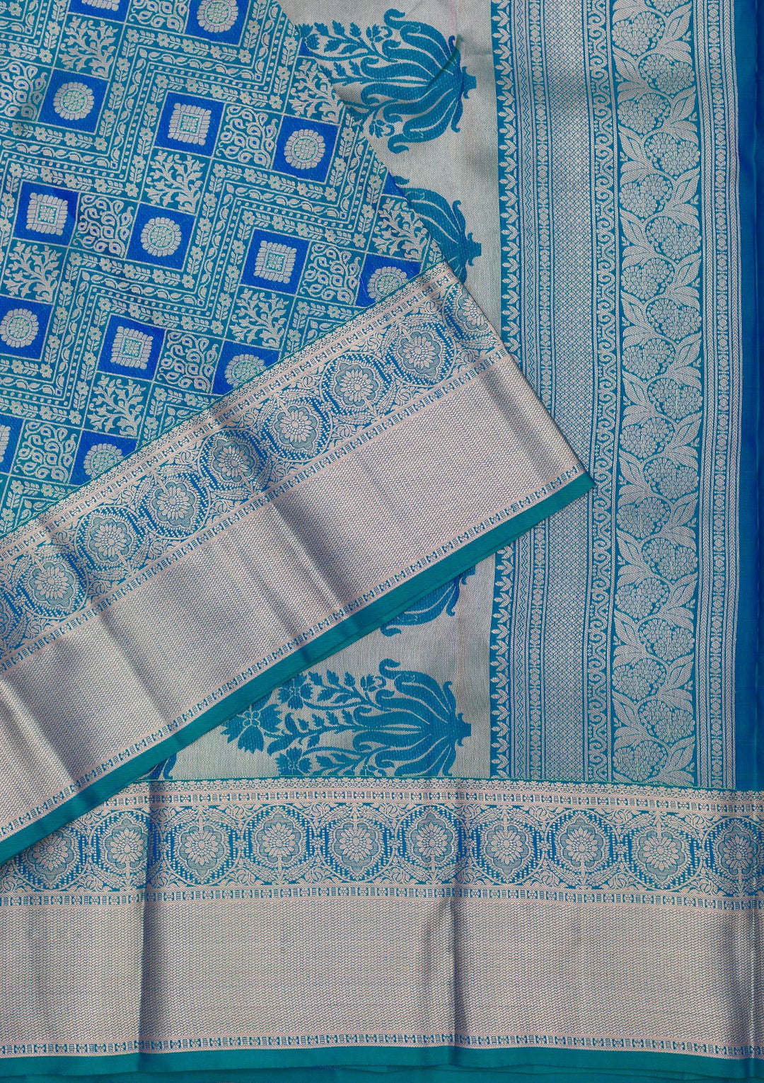 Peacock Blue Silk Jaal Gold Zariwork Saree With Matching Blouse Piece