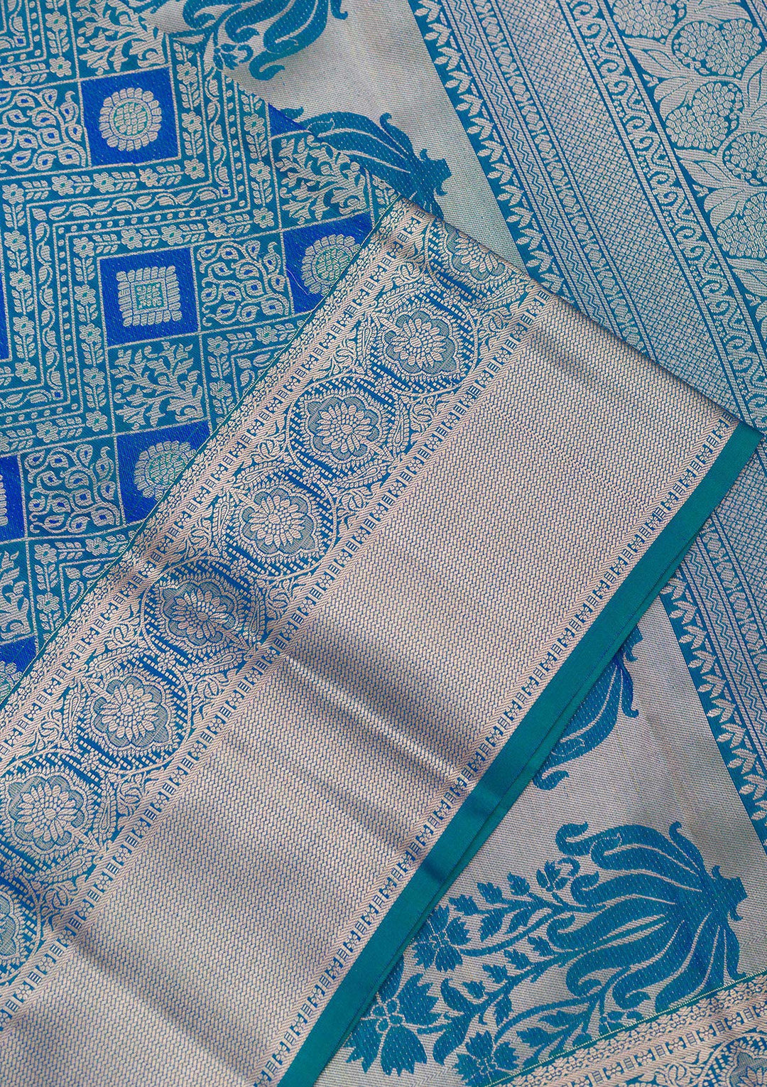 Peacock Blue Silk Jaal Gold Zariwork Saree With Matching Blouse Piece