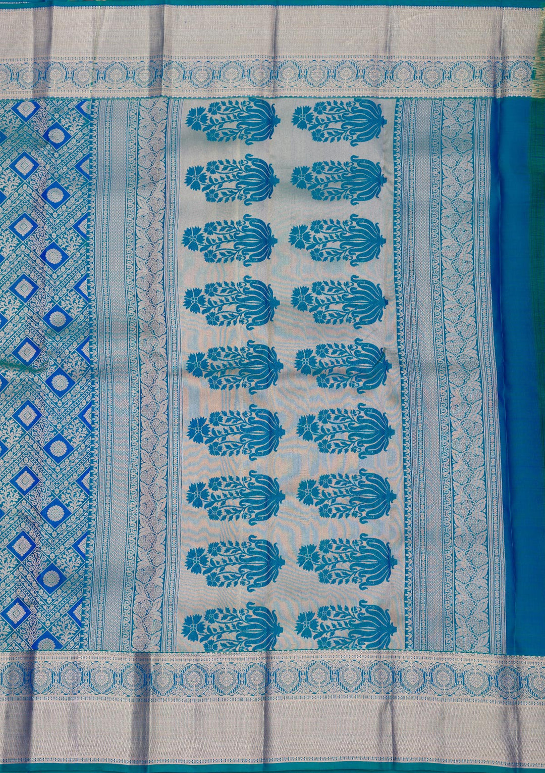 Peacock Blue Silk Jaal Gold Zariwork Saree With Matching Blouse Piece