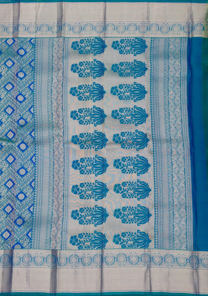 Peacock Blue Silk Jaal Gold Zariwork Saree With Matching Blouse Piece