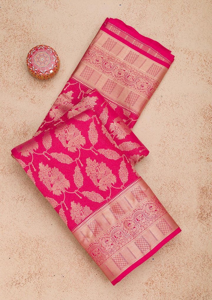 Rani Pink Silk Jaal Gold Zariwork Saree With Matching Blouse Piece