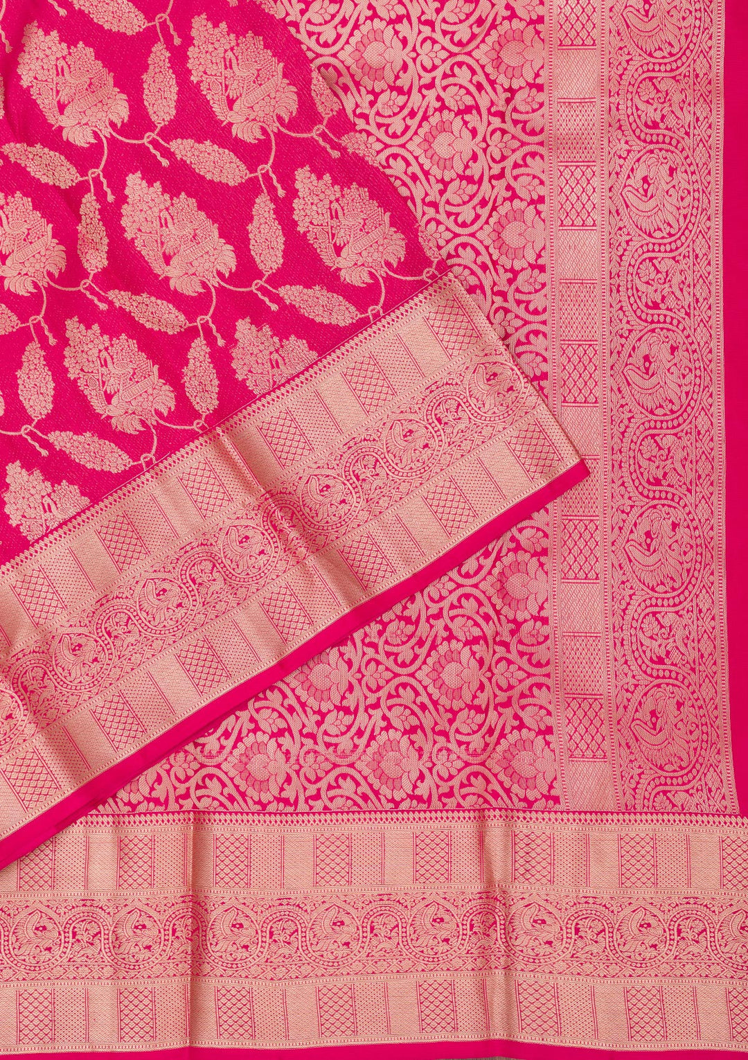 Rani Pink Silk Jaal Gold Zariwork Saree With Matching Blouse Piece