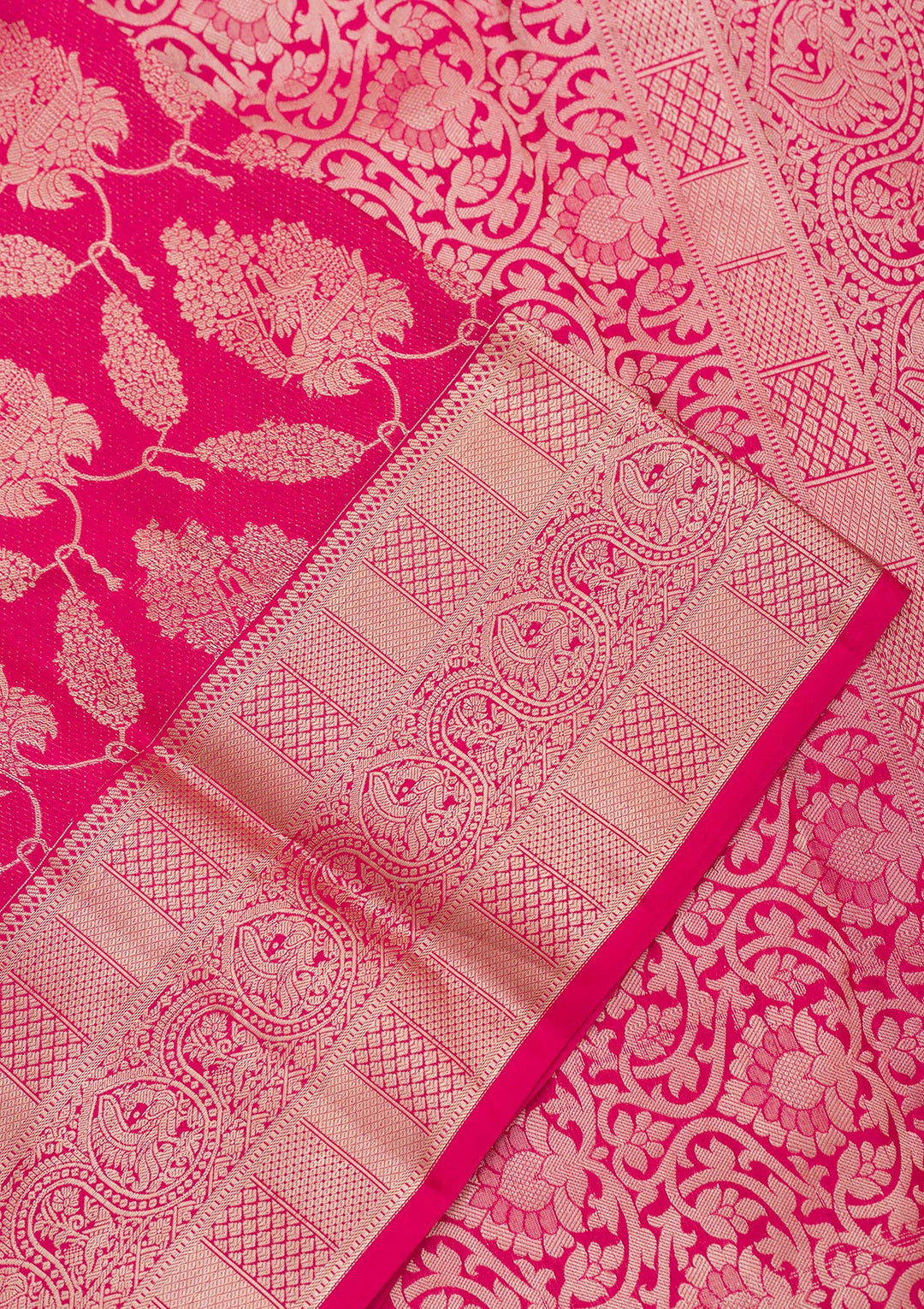 Rani Pink Silk Jaal Gold Zariwork Saree With Matching Blouse Piece