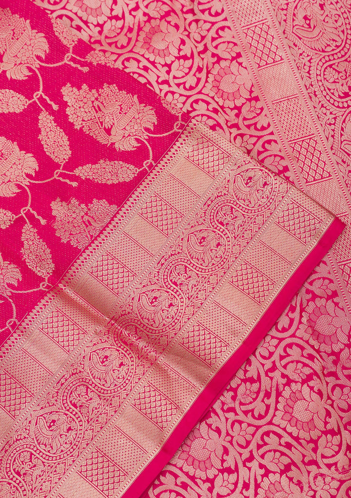Rani Pink Silk Jaal Gold Zariwork Saree With Matching Blouse Piece