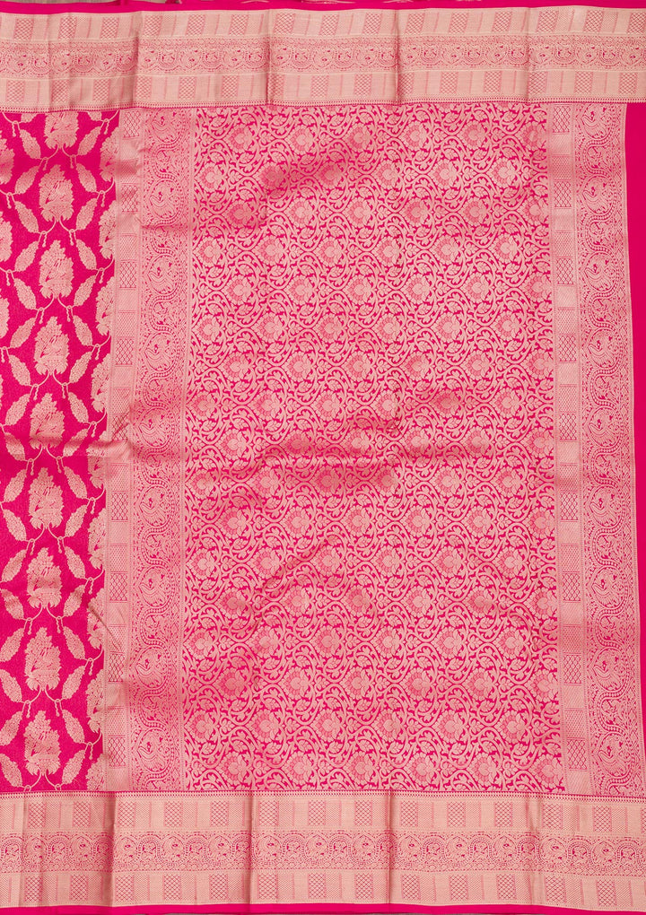 Rani Pink Silk Jaal Gold Zariwork Saree With Matching Blouse Piece