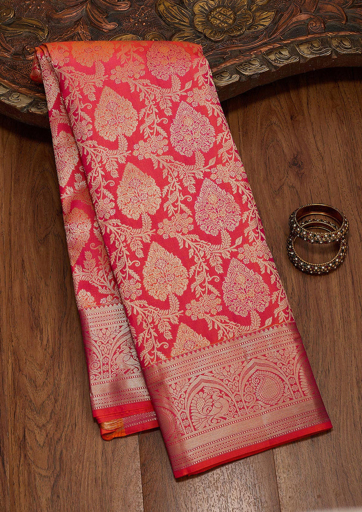 Orange Pure Silk Jaal Zariwork Saree With Matching Blouse Piece