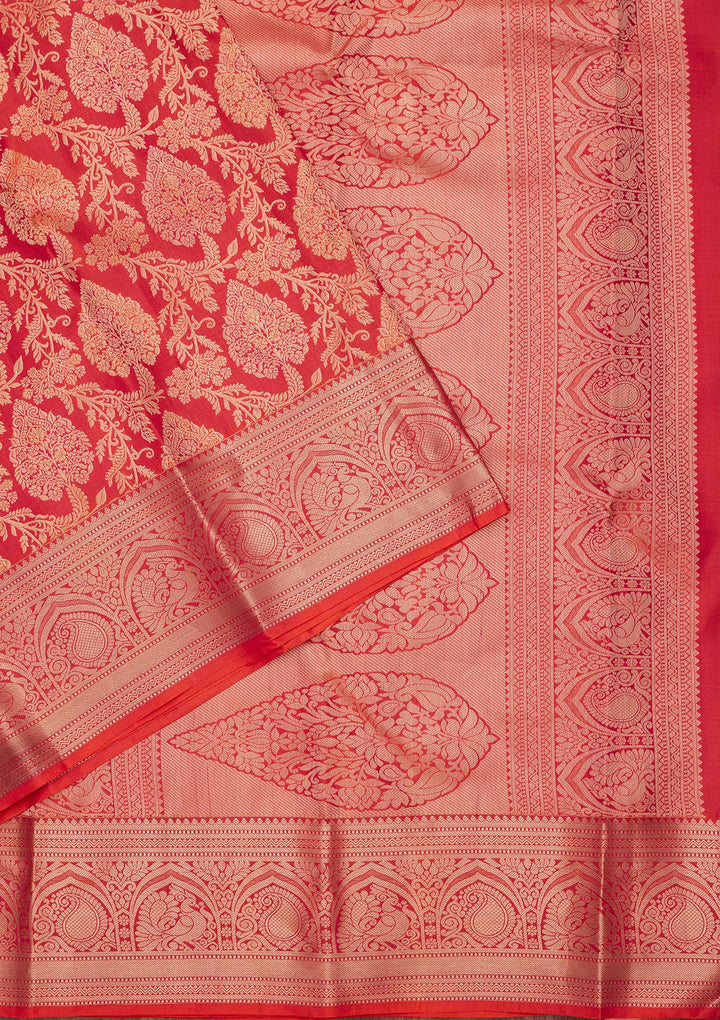Orange Pure Silk Jaal Zariwork Saree With Matching Blouse Piece