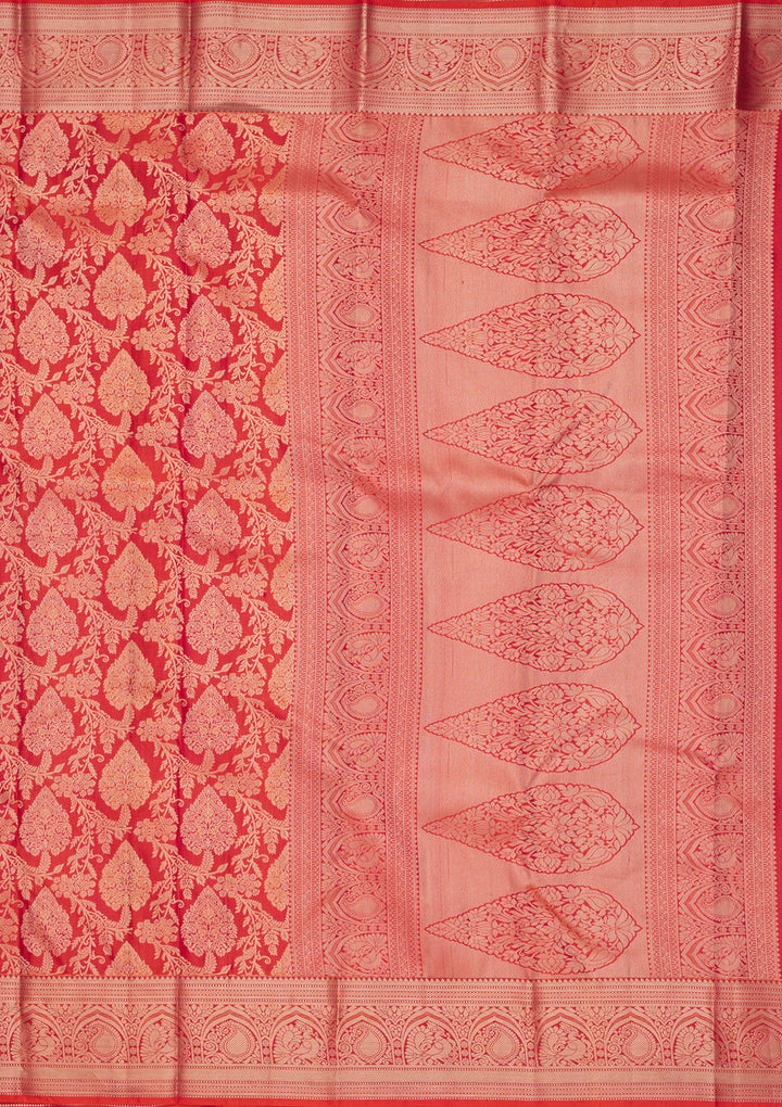 Orange Pure Silk Jaal Zariwork Saree With Matching Blouse Piece