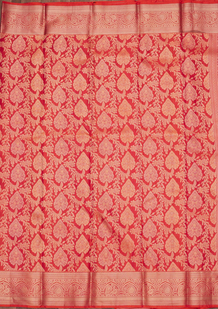 Orange Pure Silk Jaal Zariwork Saree With Matching Blouse Piece