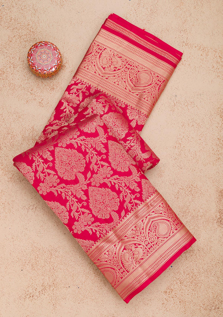 Red Pure Silk Jaal Zariwork Saree With Matching Blouse Piece