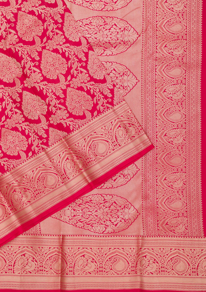 Red Pure Silk Jaal Zariwork Saree With Matching Blouse Piece
