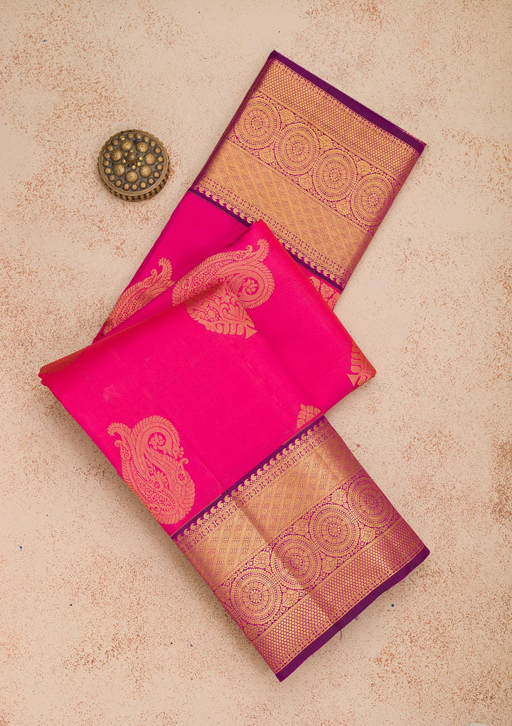 Rani Pink Silk Buti Gold Zariwork Saree With Matching Blouse Piece