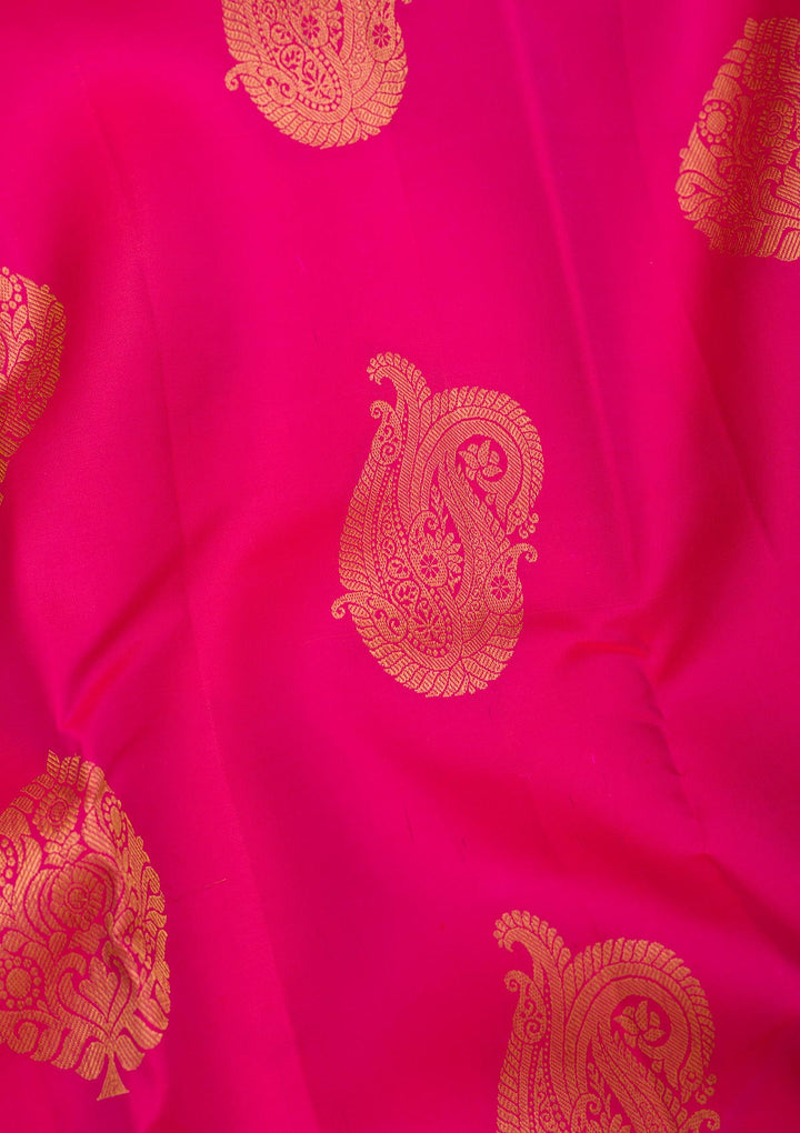 Rani Pink Silk Buti Gold Zariwork Saree With Matching Blouse Piece