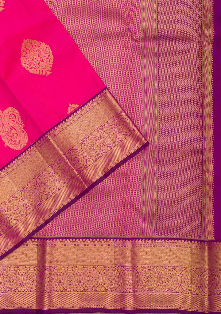 Rani Pink Silk Buti Gold Zariwork Saree With Matching Blouse Piece