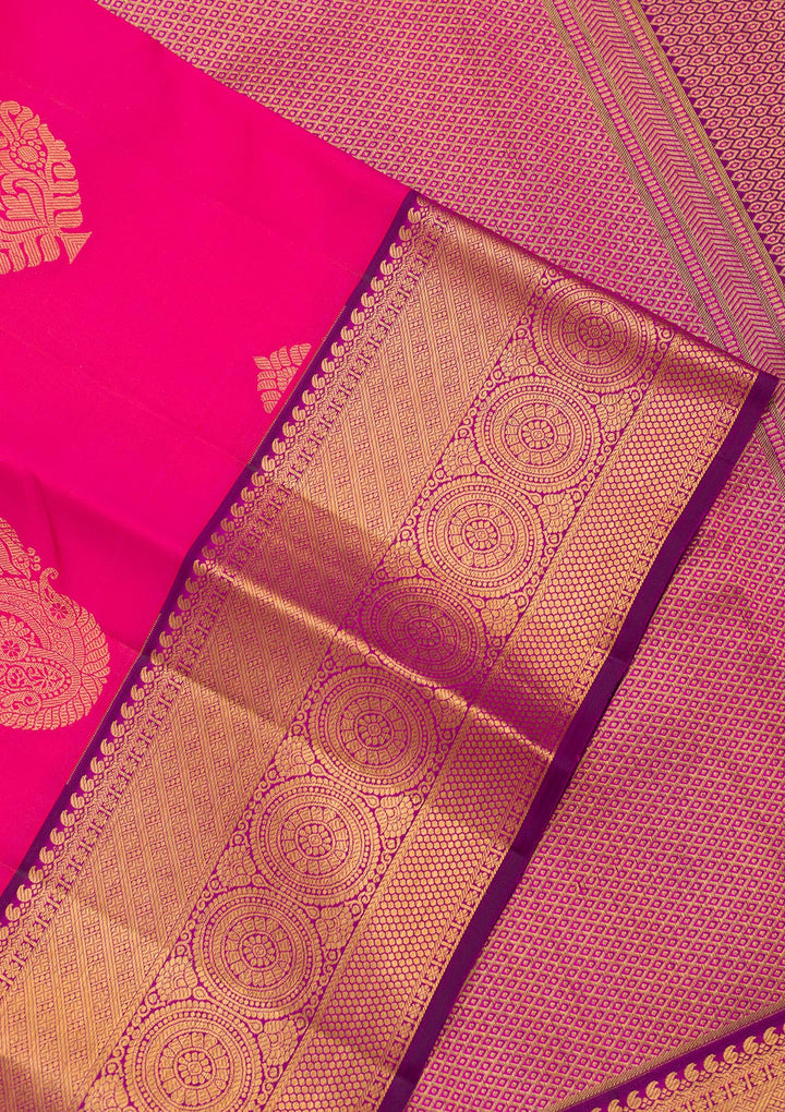 Rani Pink Silk Buti Gold Zariwork Saree With Matching Blouse Piece