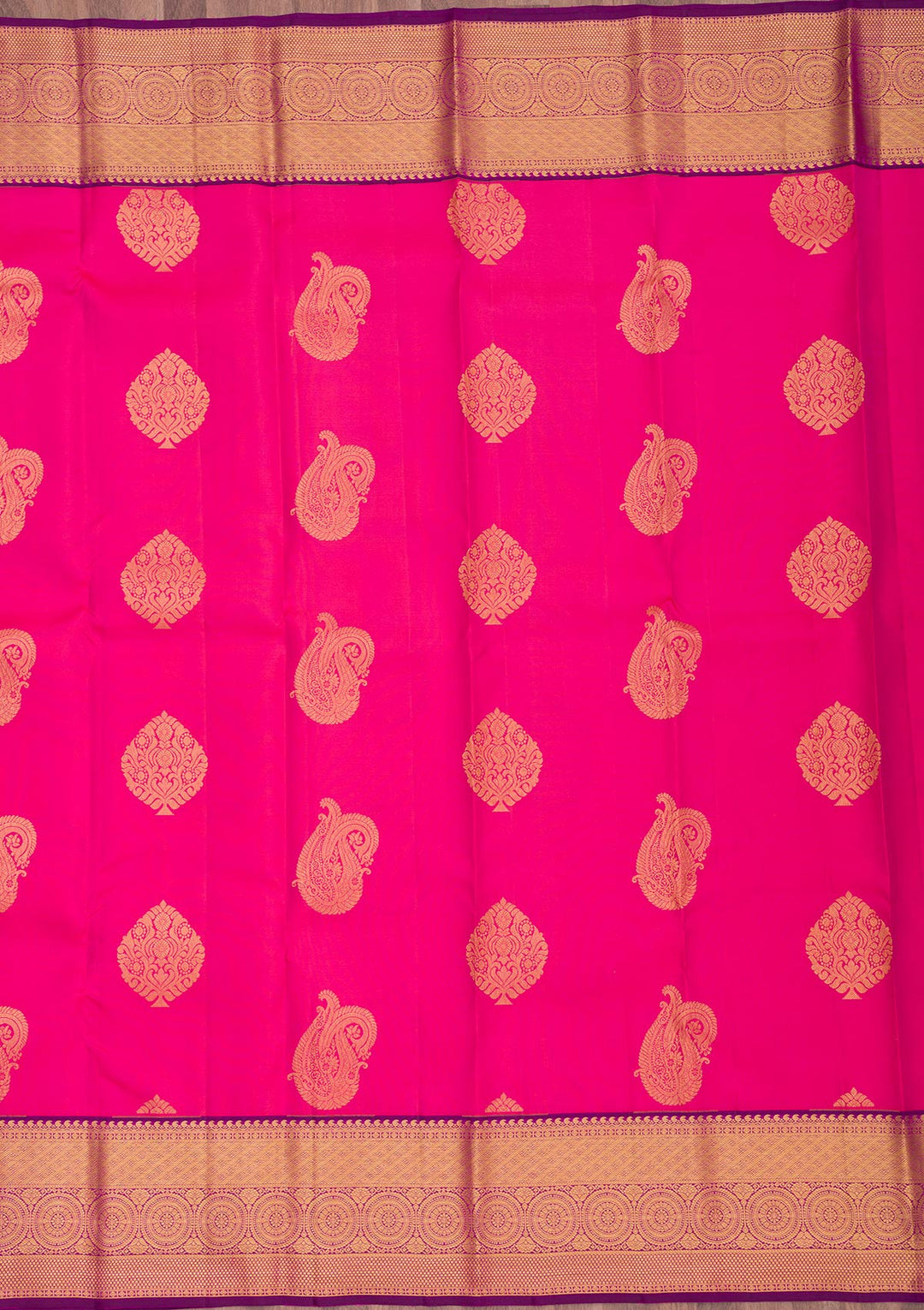 Rani Pink Silk Buti Gold Zariwork Saree With Matching Blouse Piece