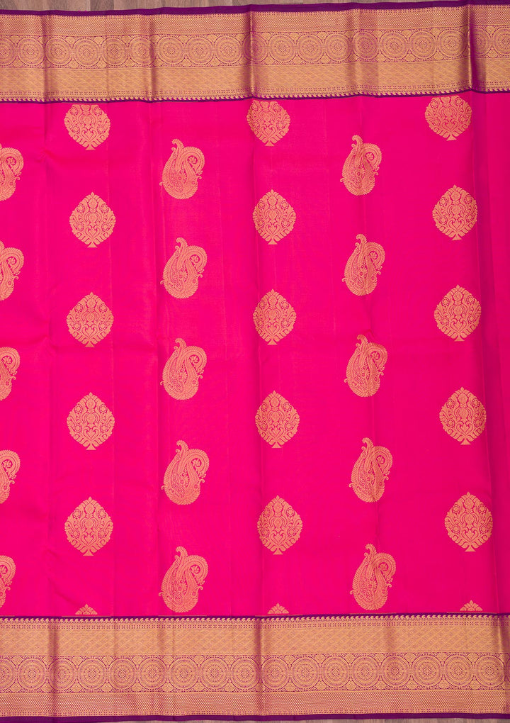 Rani Pink Silk Buti Gold Zariwork Saree With Matching Blouse Piece