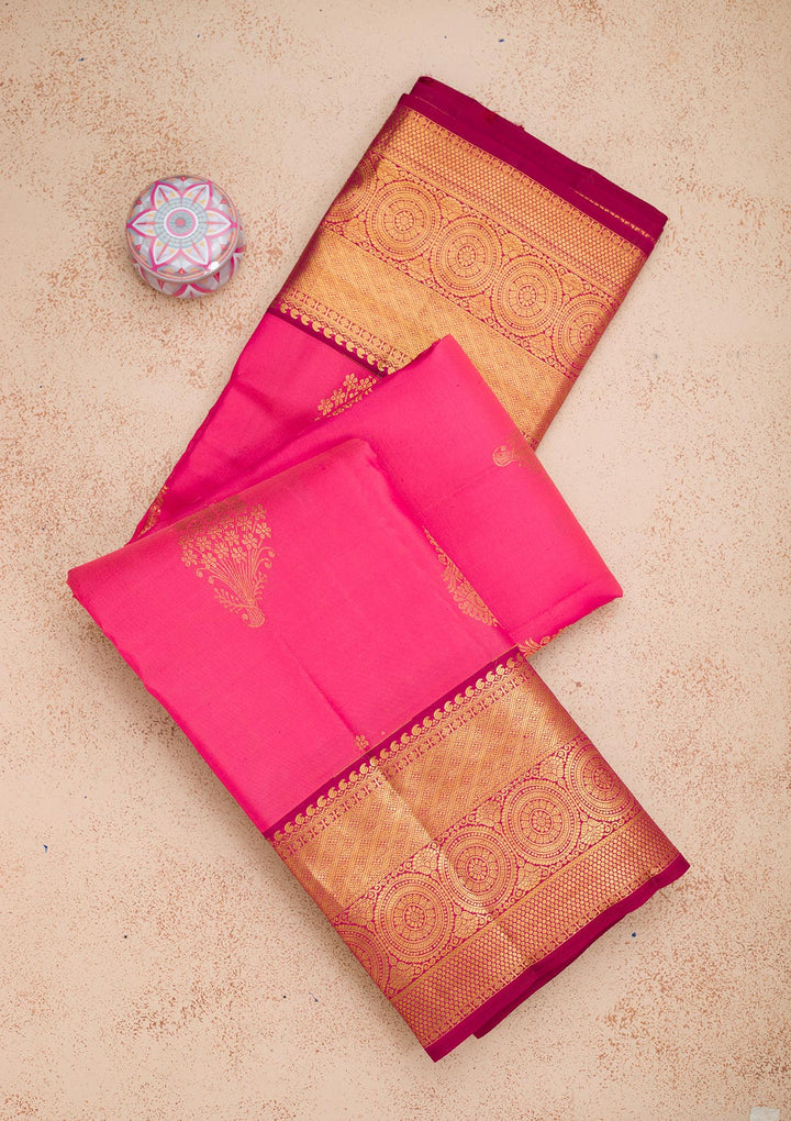 Rani Pink Silk Buti Gold Zariwork Saree With Matching Blouse Piece