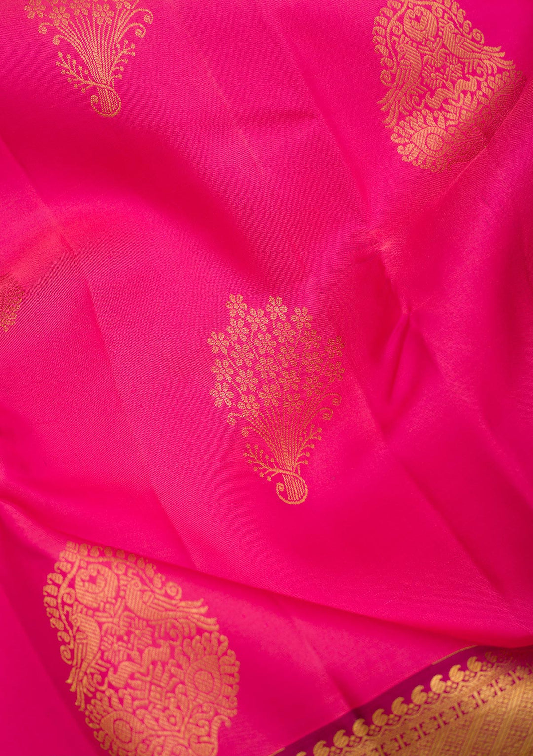 Rani Pink Silk Buti Gold Zariwork Saree With Matching Blouse Piece