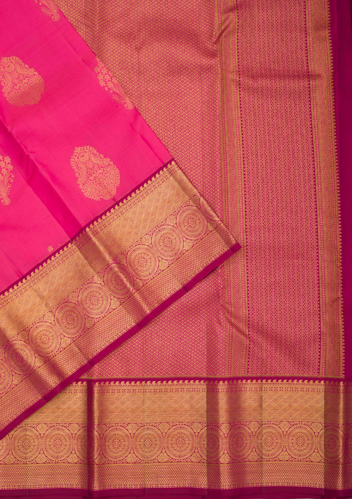 Rani Pink Silk Buti Gold Zariwork Saree With Matching Blouse Piece