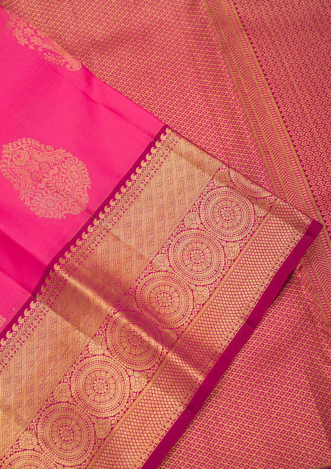 Rani Pink Silk Buti Gold Zariwork Saree With Matching Blouse Piece