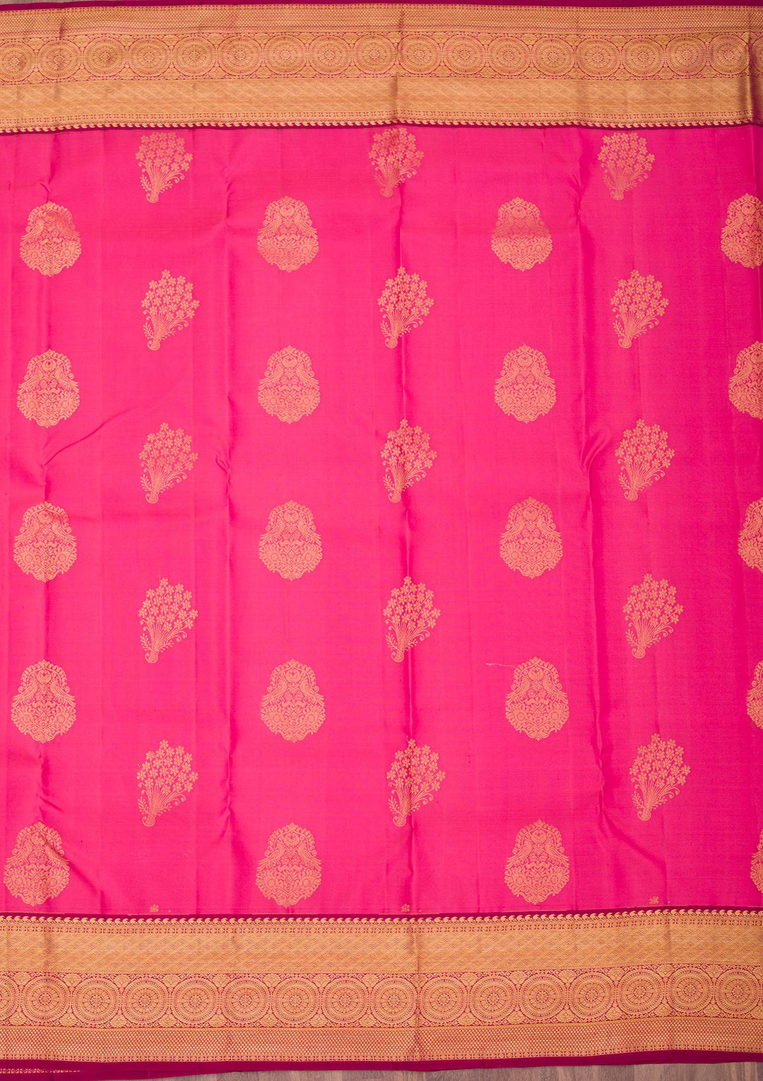 Rani Pink Silk Buti Gold Zariwork Saree With Matching Blouse Piece
