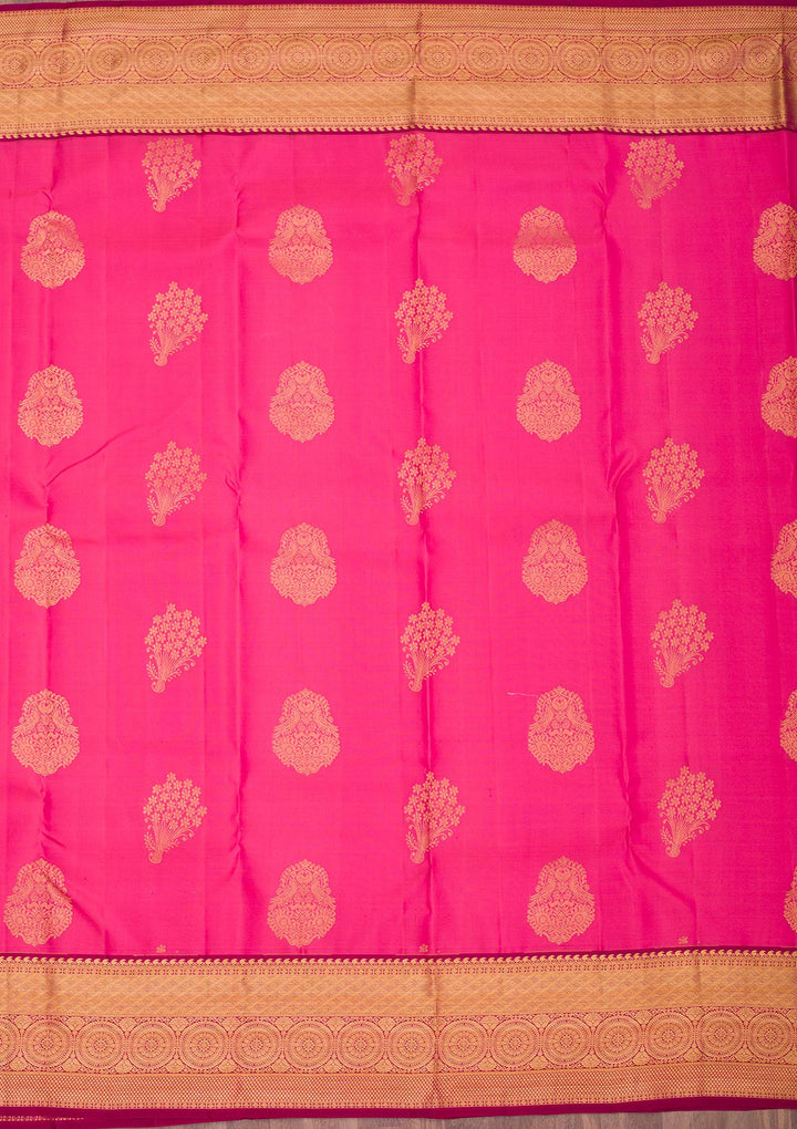 Rani Pink Silk Buti Gold Zariwork Saree With Matching Blouse Piece