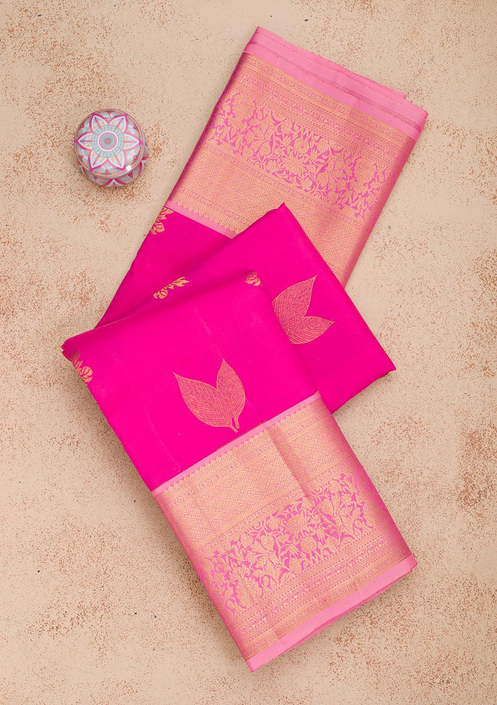 Rani Pink Silk Buti Gold Zariwork Saree With Matching Blouse Piece