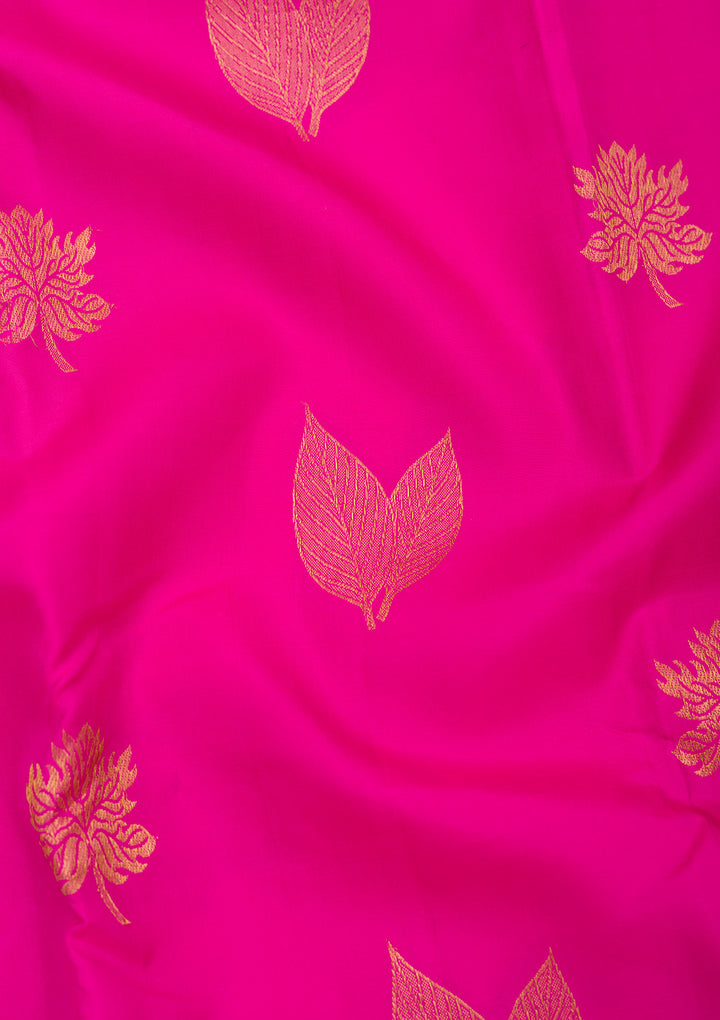 Rani Pink Silk Buti Gold Zariwork Saree With Matching Blouse Piece