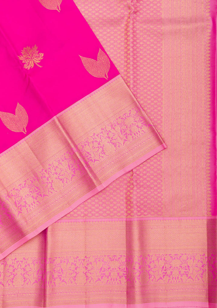 Rani Pink Silk Buti Gold Zariwork Saree With Matching Blouse Piece