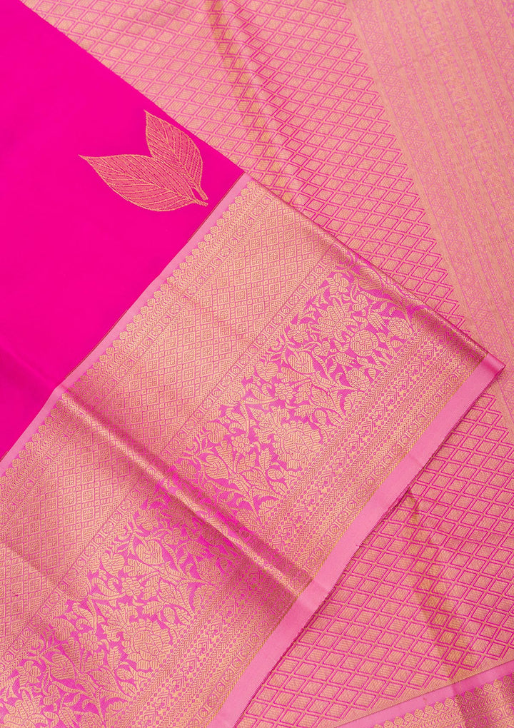 Rani Pink Silk Buti Gold Zariwork Saree With Matching Blouse Piece