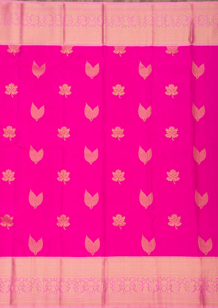 Rani Pink Silk Buti Gold Zariwork Saree With Matching Blouse Piece