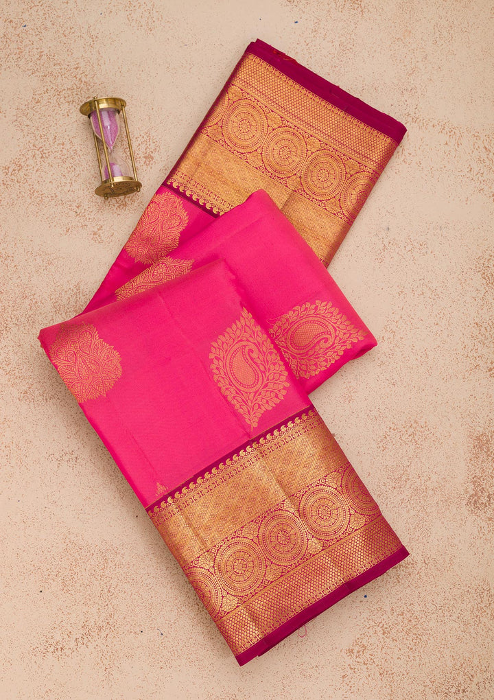 Rani Pink Silk Buti Gold Zariwork Saree With Matching Blouse Piece
