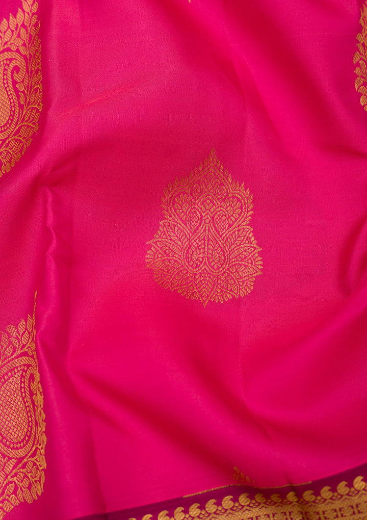 Rani Pink Silk Buti Gold Zariwork Saree With Matching Blouse Piece
