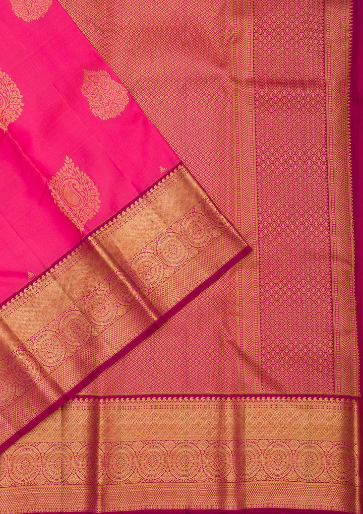 Rani Pink Silk Buti Gold Zariwork Saree With Matching Blouse Piece
