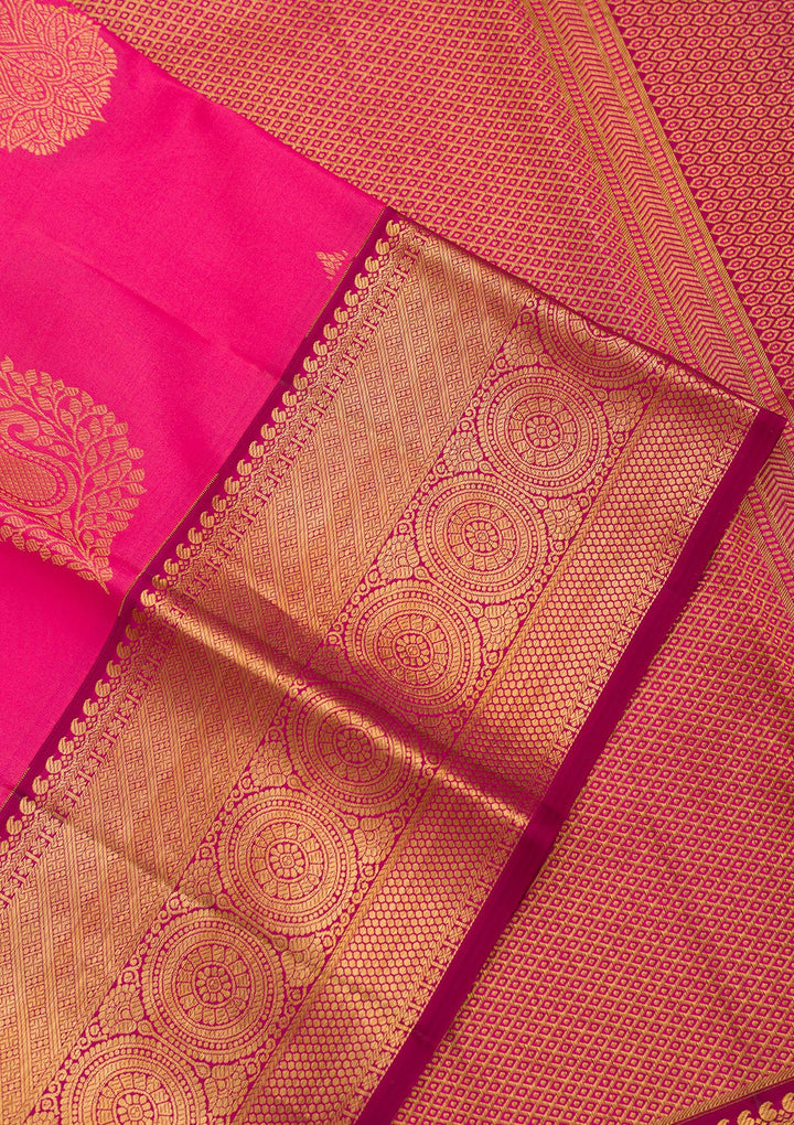 Rani Pink Silk Buti Gold Zariwork Saree With Matching Blouse Piece