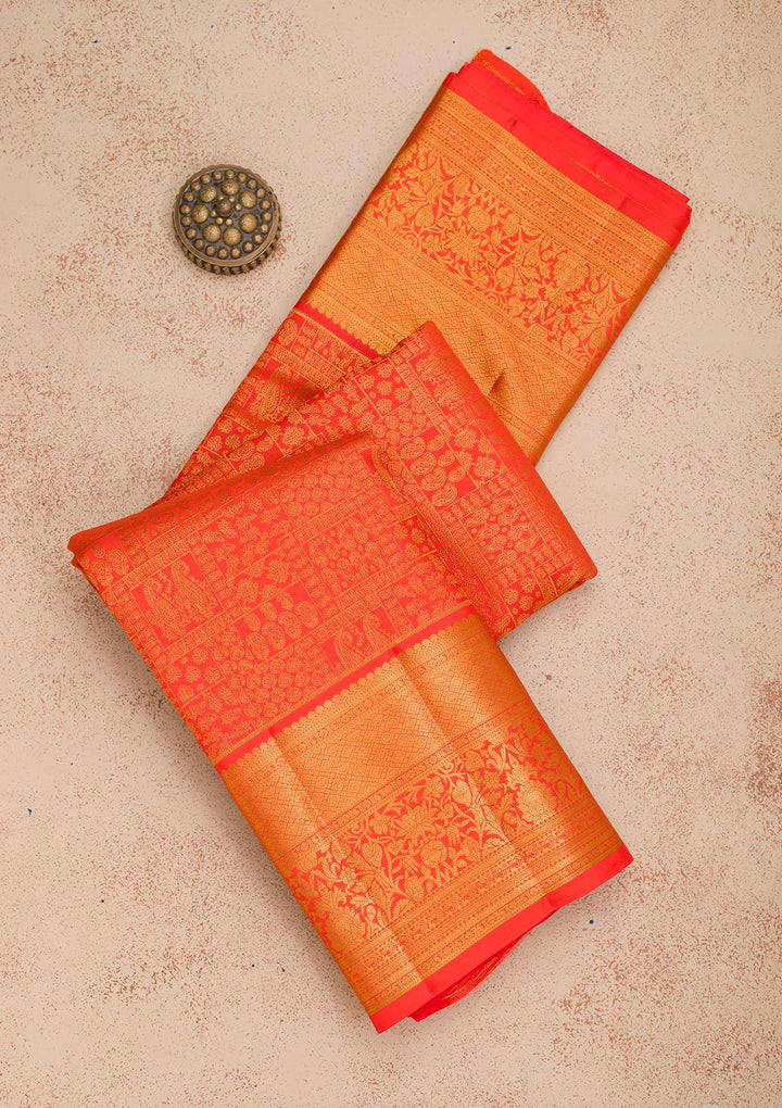 Red Silk Jaal Gold Zariwork Saree With Matching Blouse Piece