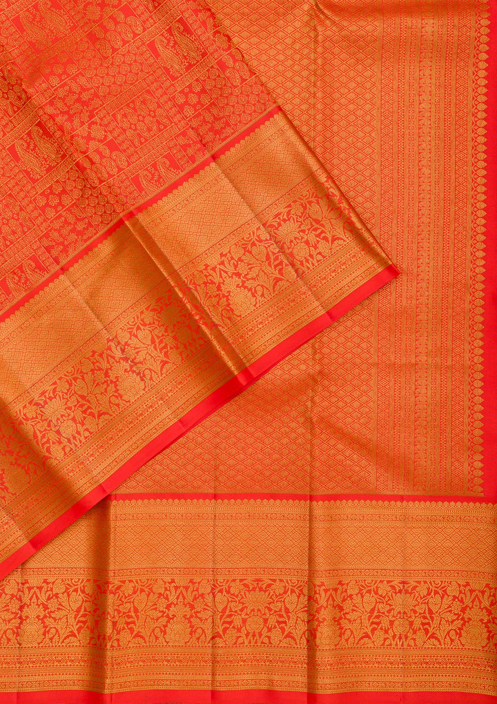Red Silk Jaal Gold Zariwork Saree With Matching Blouse Piece