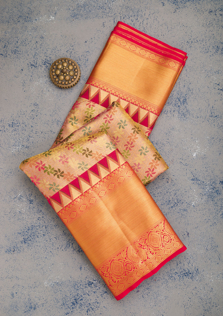 Gold Silk Jaal Printed Saree With Matching Blouse Piece