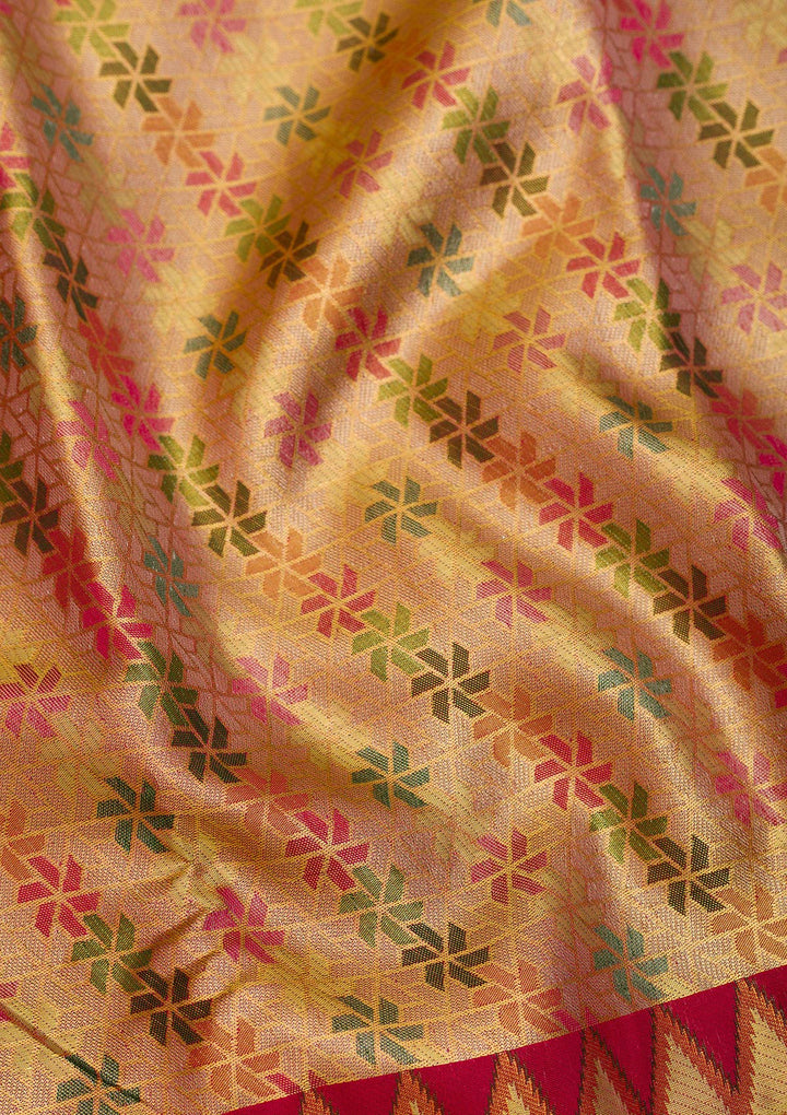 Gold Silk Jaal Printed Saree With Matching Blouse Piece