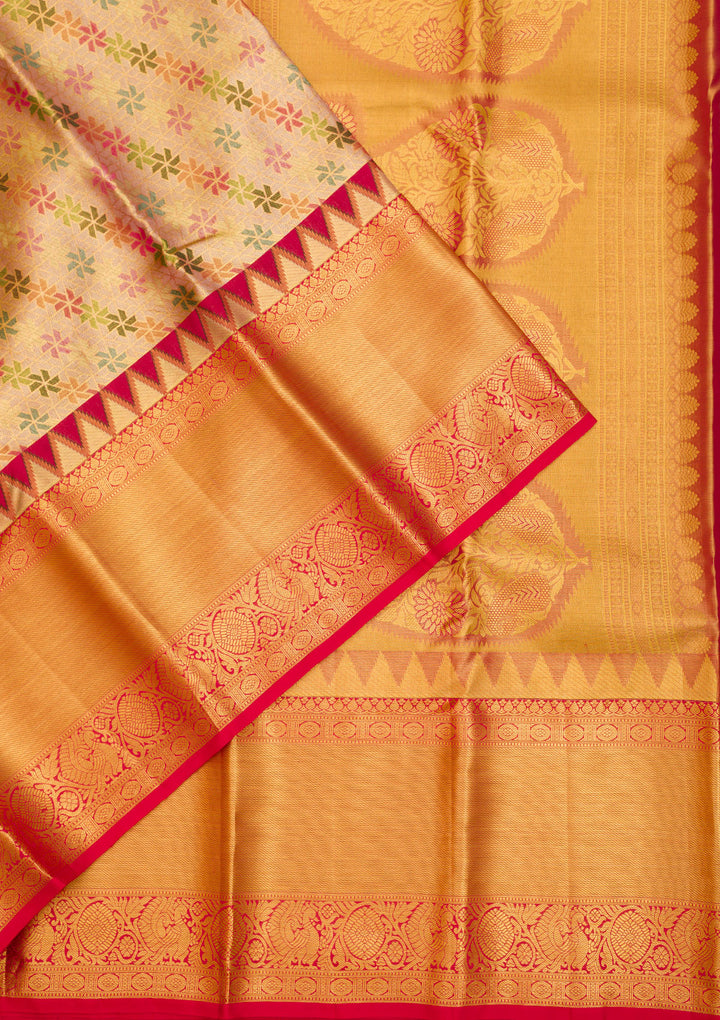 Gold Silk Jaal Printed Saree With Matching Blouse Piece