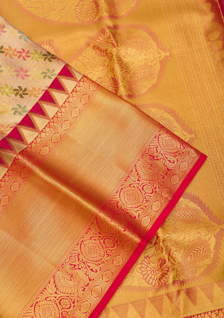 Gold Silk Jaal Printed Saree With Matching Blouse Piece